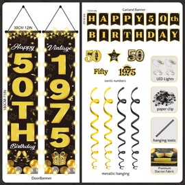 Happy Birthday Banner, 50th Birthday Decorations for Women Men with LED Lights Happy Birthday Decorations 1975 50th Vintage Sign for Party Decorations 50 Year Old Birthday Party Banner Supplies