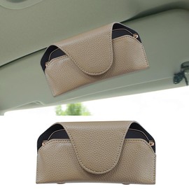 LHDOS Sunglass Holder for Car Visor, Magnetic Leather Auto Sun Visor Eyeglasses Protective Storage Case with Mount Clip, Vehicle Interior Eyewear Organizer Accessory for Most Cars (Brown)