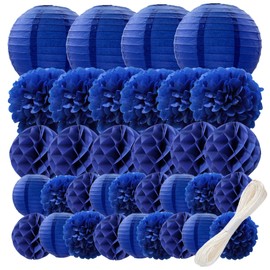 WOLHOWLTD Navy Blue Paper Decoration Set - 34 Pcs Paper Lanterns, Pompoms, Honeycomb for Wedding,Ocean Theme, EID Mubarak,School Day,Baby Shower, Birthday Party Classroom,Home Decoration (Navy Blue)