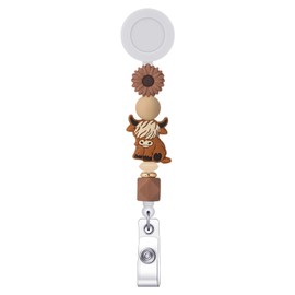 Geyoga Boho Highland Cow Badge Reel Cow Retractable ID Card Badge Holder Silicone Beaded Name Tag Pediatric Clip for Nursing Student Doctor Nurse Teacher Gifts, with Alligator Clip & 24" Cord