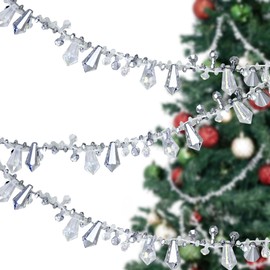 ULLIKI Sparkling Acrylic Diamond Christmas Decorations Set for Tree Ornaments, Beaded Garland Wreath Ribbon, Glass Crystal String, Table Party Wedding Door Window Hanging Decor (Silver-16.4 Feet)