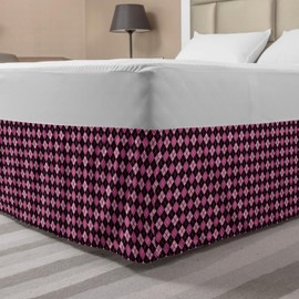 Ambesonne Checkered Bed Skirt, Crosswise Striped Mosaic Pattern Squares Retro Style Feminine Design, Elastic Bedskirt Dust Ruffle Wrap Around for Bedding Decor, King, Pink Pale Pink Black