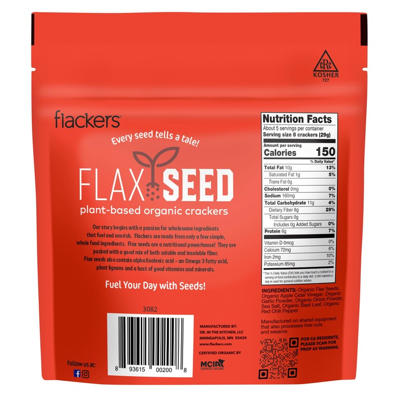 Flackers Organic Savory Flaxseed Crackers, 5 Ounce 4-Pack, Gluten Free,