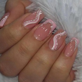 Pink French Tip Press On Nails - Medium Square, Glitter Wavy Stripe Acrylic Coffin Nails with Glue on Full Cover Stick Ons for Women DIY Charm Manicure