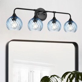MELUCEE Bathroom Light Fixtures Black Vanity Light with Blue Striped Swirl Glass Shade, 4 Light Modern Wall Light Fixtures for Mirror Kitchen Living Room Bedroom Hallway