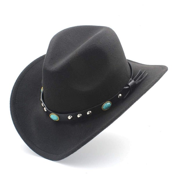 Jdon-hats, Women Men Fashion Western Cowboy Hat with Roll Up Brim Felt Cowgirl Sombrero Caps Black