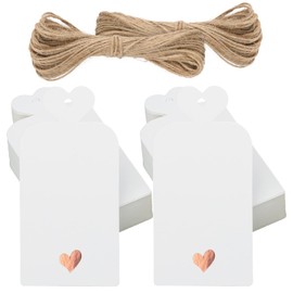 jijAcraft 100PCS Rose Gold Heart Gift Tags, 5x10CM White Kraft Paper Tags, Craft Hang Tags with String for Crafts Wedding Favours