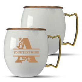 Custom Copper Moscow Mule with Smooth Painted Finish - Engraved Bar Style 100% Copper Cup with Bold Vine Letter Monogram ThemedEngraving, Brass Handle | 18 oz, White | Set of 2