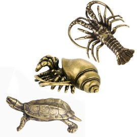 SnowOwl 3PC Brass Vintage Turtle & Lobster & Hermit Crab Figurine, Statue Tea Pet Home Ornaments Animal Figurines Sculpture Decor (Animal-3pc)