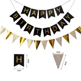 Tourima Birthday Decoration Banner Set, Black and Gold, Happy Birthday Garland with Chevron Bunting, Party Decoration Garland Birthday