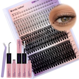 Lash Clusters Kit Lash Extensions DIY Multi-type Mixed Eyelash Extension Kit Natural Bottom 7D Wispy Spikes Fans Volume Lashes Lash Bond and Seal, Tweezer for Beginners Self Use at Home(40+50D Kit)