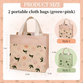 Pack of 2 Fabric Bags with Handles, Small Fabric Bags with Handles, Shopping Bag, Cotton Bag, Carry Bags, Reusable for School, Office, Travel, Holiday, Camping (Green + Pink, 22 x 22 cm)