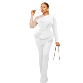 Oneastern Black/White Women's Mesh Patchwork Bead Irregular Long Sleeve Peplum High Waist Formal Jumpsuits