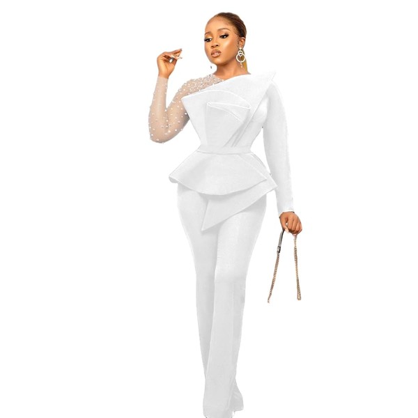 Oneastern Black/White Women's Mesh Patchwork Bead Irregular Long Sleeve Peplum