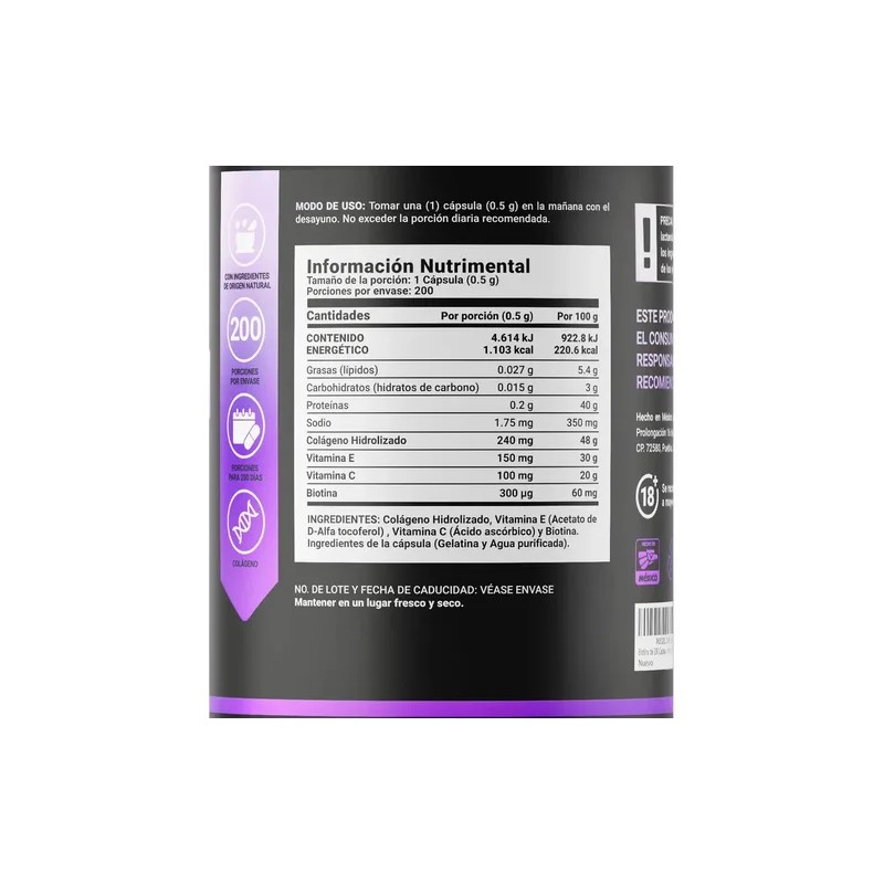 Biotina, Colágeno Y Vitamina E 200 Cápsulas Collagen Bio B