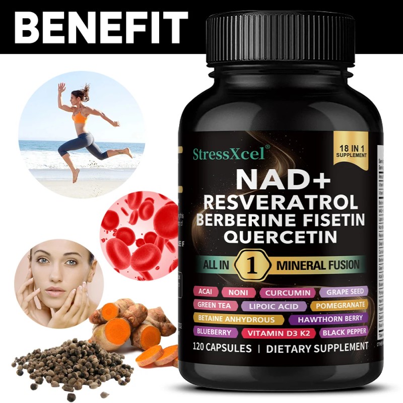 NAD+ Supplement with Resveratrol & Quercetin, Vegan, 120 Softgels, Supports
