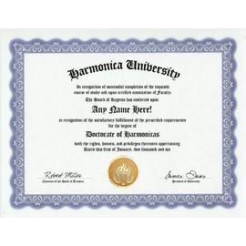Harmonica Degree: Custom Gag Diploma Doctorate Certificate (Funny Customized Joke Gift - Novelty Item)