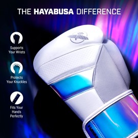 Hayabusa T3 Boxing Gloves for Men and Women Wrist and Knuckle Protection, Dual-X Hook and Loop Closure, Splinted Wrist Support, 5 Layer Foam Knuckle Padding - White/Iridescent, 16 oz