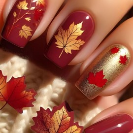 Thanksgiving Press on Nails Medium Coffin Fake Nails with Glitter Maple Leaves Designs Red Nails Press ons Glossy Glue on Nails for Women 24Pcs