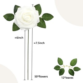 WANTMAZOR Artificial Flowers 50PCS White Roses Real Looking Foam Fake Roses with Leaves and for DIY Wedding Bouquets Bridal Shower Centerpieces Party Decorations (White)