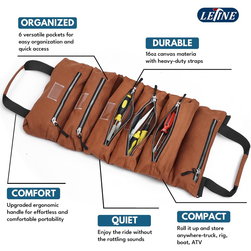 LETINE Crest Canvas Tools Roll Bag - Portable 6-Pocket EDC