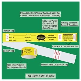 1000 Tags Made from Yellow Card Stock. Baggage Claim Check with Transfer Tape on Back, Printed in Black with Red Consecutive Numbering. Bag Identification Tag Size: 10 1/2" x 1 1/4"