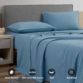 DAPU Linen Sheets Set Solid Color, Soft Breathable Sheets Set 4 PCs, Hypoallergenic French Linen Cotton Blend Bedding for Hot Sleepers(1 Flat Sheet, 1 Fitted Sheet and 2 Pillowcases)(Lake Blue, King)