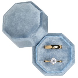 POKOFO Premium Velvet Ring Bearer Box for Proposal Engagement Wedding Ceremony - Equilateral Octagon Vintage Double Ring Display Holder with Detachable Lid (Light Ocean Blue)