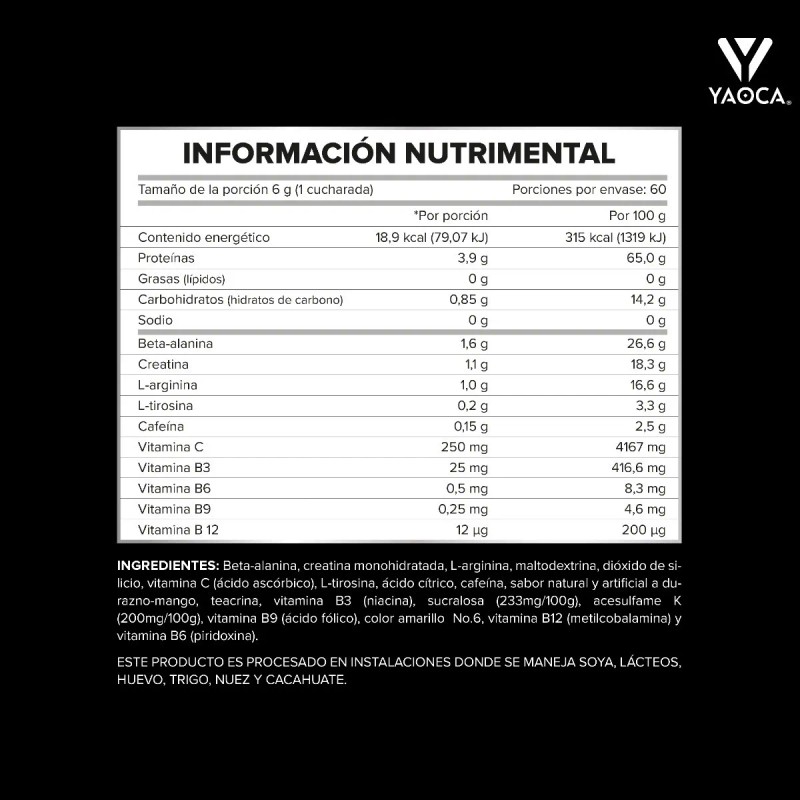 Pre Workout I Yaoca I 360 g I 60 Servicios