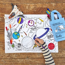 eatsleepdoodle Colouring Placemat for Kids w/ 10pk Washable Markers for Kids - 33x47cm Space Explorer Colouring Placemat - Ultra Washable & Reusable Arts and Crafts for Kids