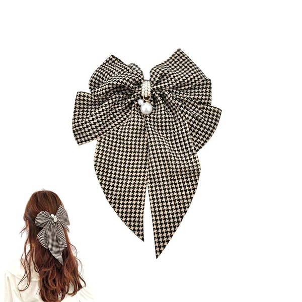 Brown Checkered Hair Accessories for Girls Women Pearl Bow Hair