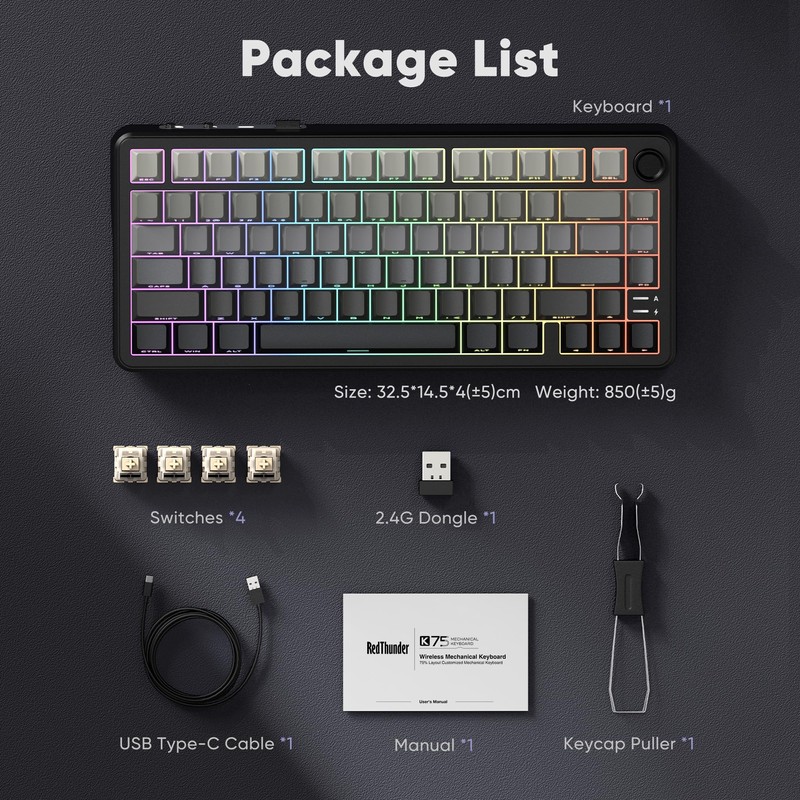 RedThunder K75 Wireless Mechanical Gaming Keyboard, 75% Hot Swappable Creamy