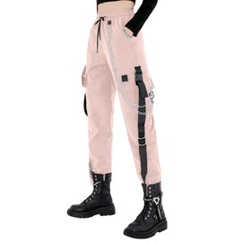 MEINVQIAOTI Black Cargo Pants for Women Techwear Women Loose Street Rock Style Casual Black Pants with Chain Goth Pants (Pink,M)