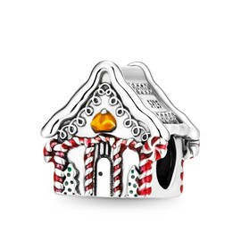 GNOCE Pearl Christmas House Charm Made of 925 Sterling Silver with Candy Cane Element 925 Sterling Silver Engraved Individual Birthstone Heart Charm Bracelet/Necklace for Women Girls, Sterling Silver