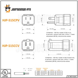 Journeyman-Pro Clamshell Plug & Connector Set 15 Amp 120-125 Volt, NEMA 5-15P + 5-15C (5-15R), 2Pole 3Wire, Straight Blade, Male & Female Replacement Cord End, Commercial Grade PVC Black (1)