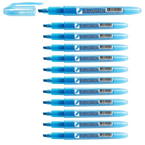 CROWN H-500 Highlighter Pens Chisel Tip Slim Highlighters - Pack Of 12 - With Bright Fluorescent Ink - Blue