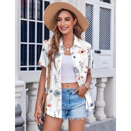 Zeagoo Women's Hawaiian Button Down Shirts Casual Short Sleeve Floral Tropic Print Summer Blouse Tunic Top