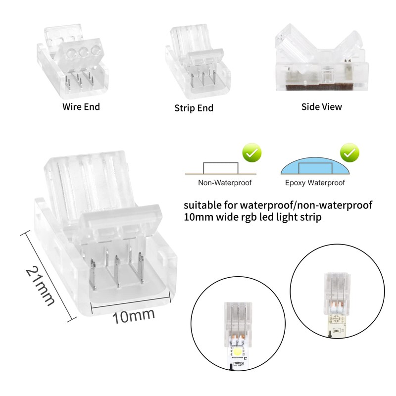 RGBZONE 10Pcs 3 Pin 10mm LED Strip Connectors Gapless Solderless