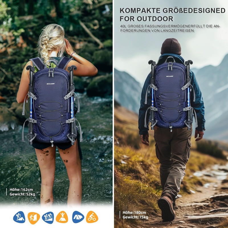 BECOJADDE Hiking Backpack Men Women 40L Ultralight Foldable Backpack Waterproof