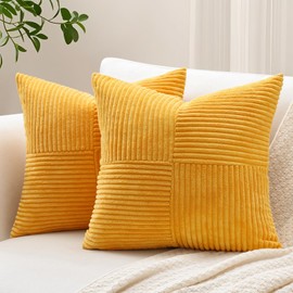 Sungeek Set of 2 Decorative Cushion Covers 45 x 45cm Soft Corduroy Striped Cross Patchwork Textured Pillow Covers Solid Square Throw Pillow Cases for Sofa Bed Patio 18x18 Inch, Gold Yellow