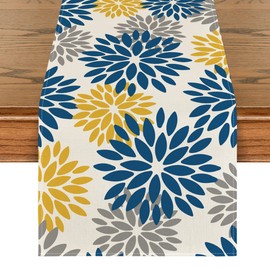 Artoid Mode Blue Dahlia Floral Pinnata Summer Table Runner, Spring Kitchen Dining Table Decoration for Home Party Decor 13x72 Inch