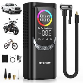 NEXPOW NP17 Portable Air Compressor, 150 PSI Digital Tire Inflator, Fast Inflation with Auto Shut-Off, LED Light, Multiple Nozzles for Car, Bike, and Ball, Compact Design, Grey