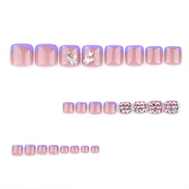 Press on Toenails 3D Butterfly Fake Toe Nails French Tip False Toe Nails Glossy Full Cover Acrylic Glue on Toenails with Designs Rhinestones Toe Press on Nails Stick on Toe Nails for Women Manicure
