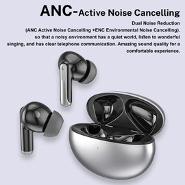 StitchGreen XY70 Bluetooth 5.1 Wireless Earbuds with Wireless Charging Case ANC & ENC Noise Cancelling IPX7 Waterproof Built in Mic Dual Noise Reduction Touch Control Long Battery Life (Silver Grey)