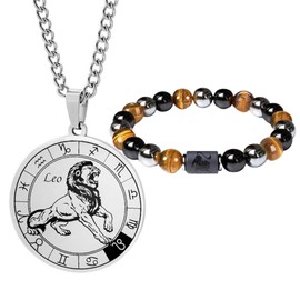Caimeytie Men's Zodiac Sign Necklace and Bracelet Set, Constellation Necklace, Stainless Steel Coin Pendant, Elastic Bead Bracelet, Birthday Gift, Jewellery, Stainless Steel