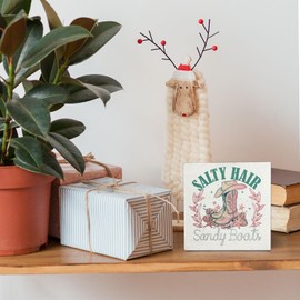 OVAcational Coastal Cowgirl Decor, Western Summer Beach Wooden Box Sign, Western Cowgirl Room Decoration, Ocean Beach Wood Block Signs for Home Office Desk Table Shelf Decor, 5x5 Inch