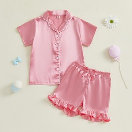 XIXIMAON Toddler Baby Girls Summer Pajamas Button Down Lapel Short Sleeve Shirts Ruffled Shorts Set Kids Solid Color Sleepwear Satin Pjs 1-10 Years (Pink, 3-4 Years)