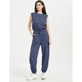 Kissonic - overol de mujer con espalda abierta, sin mangas, pierna ancha, bonito traje de una pieza con bolsillos, Azul marino, L