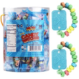 Candy Watches Party Favors for Kids - Bulk 50 Count of Blue Individually Wrapped Candy Bracelets with Colorful Fruit Flavor - Stretchable, Edible, Fruity Flavor Rainbow Candies for Party Favor Supplies