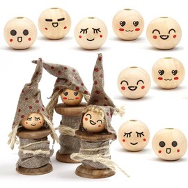 HERZONE Pack of 100 Wooden Beads with Face 20 mm Wooden Balls with Hole, Wooden Beads for Threading, Wooden Heads for Worry, Wooden Beads Natural Round for DIY Crafts Decorations (B)